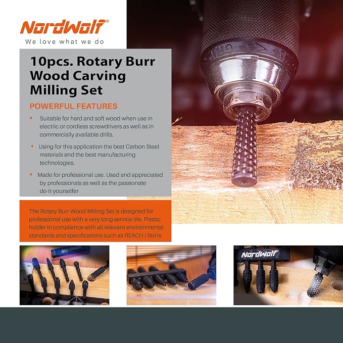 NordWolf 10-Piece Rotary Burr Wood Carving Rasp Files Set, - Image 5