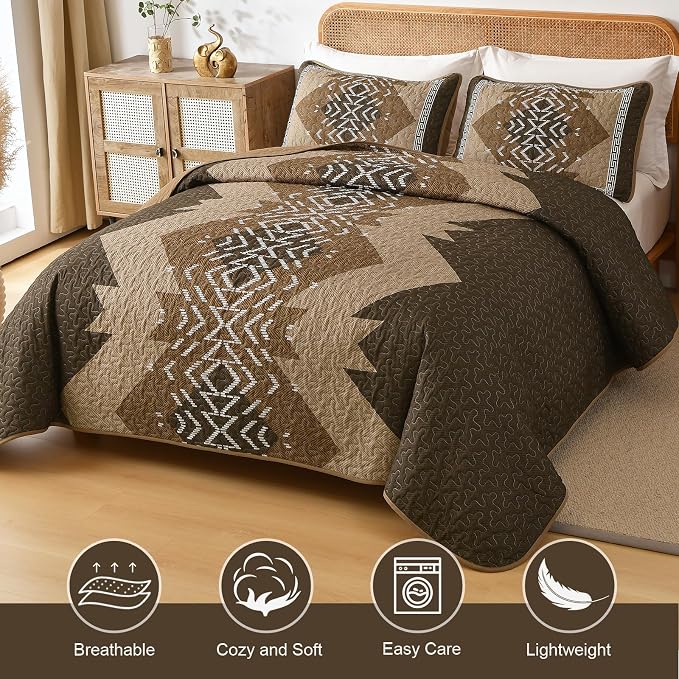 Dintszyayue Brown Quilt Set Queen Size, 3 Piece Boho Aztec Texture Bedspread - Image 2