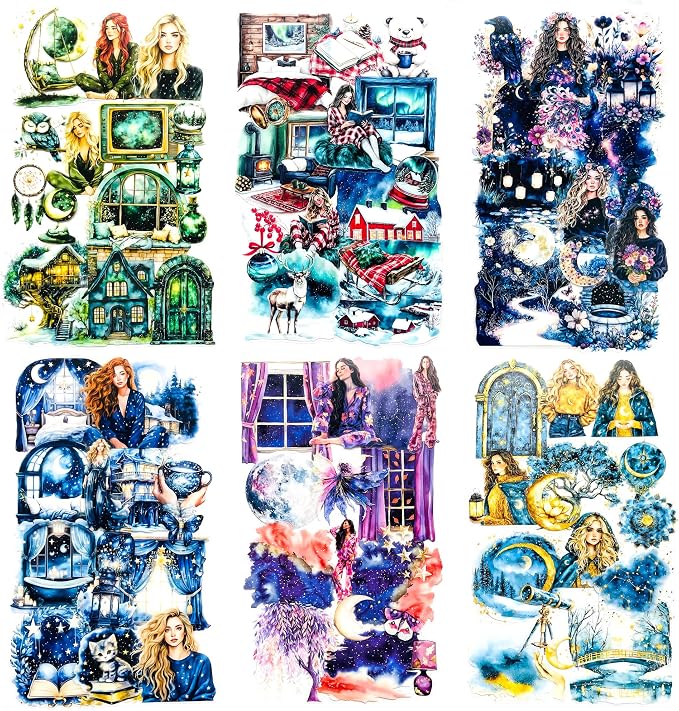 180 PCS Fantasy Midnight Aesthetic Scrapbook Stickers – Boho Watercolor Dreamy by YOKSAS