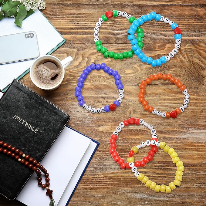 Ferreve 35 Sets Rainbow Religious Bead Wristband Craft Kit Jesus Love You Faith - Image 5