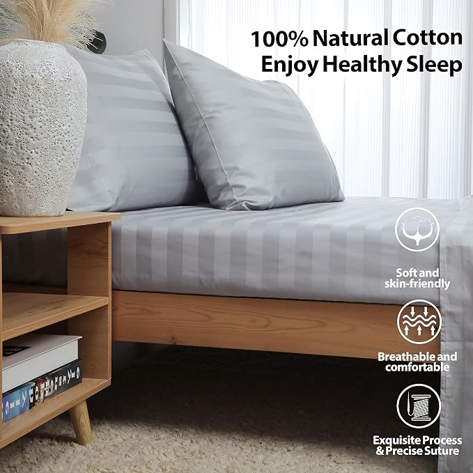 California King Size Striped Fitted Sheet Only Gray Color, 100% Egyptian Cotton - Image 2