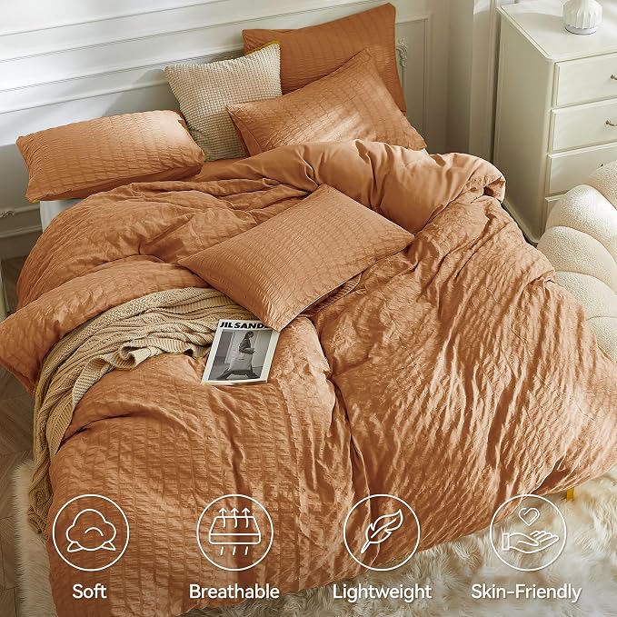 JELLYMONI Burnt Orange Duvet Cover King Size, Soft Breathable Seersucker Duvet - Image 2