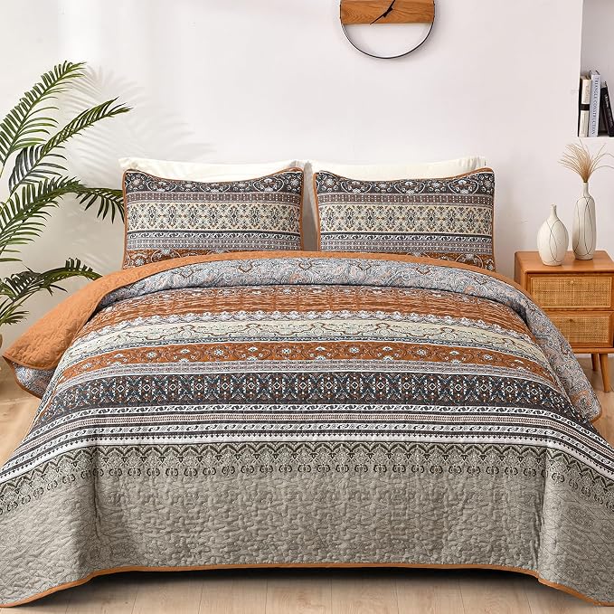 WONGS BEDDING Boho Queen Quilt Set, Fall Lightweight Bed Decor Bedspread by WONGSBEDDING