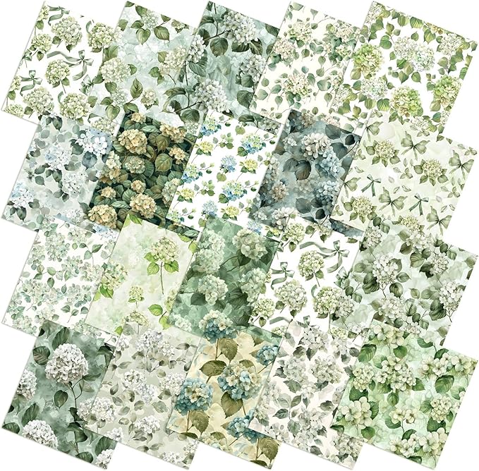 HunnmingRe 20 Pcs 10''x10'' Sage Green Hydrangea Quilting Fabric Square by HunnmingRe
