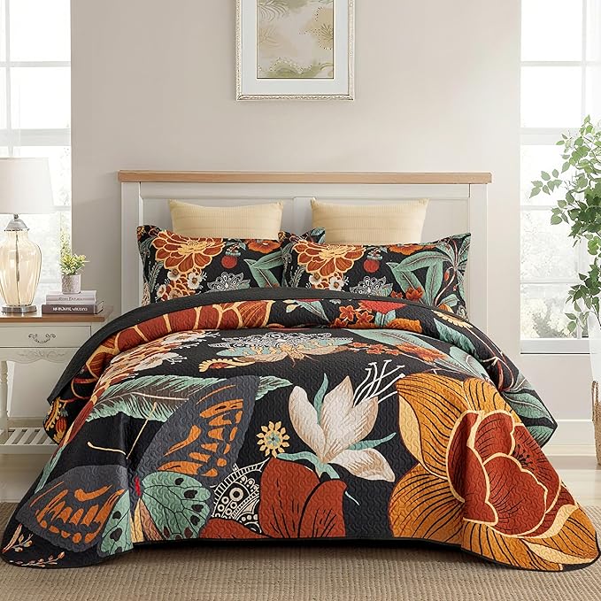 Tyrot 3 Piece Black Boho Floral King Size Quilt Sets Reversible Farmhouse by TyrotHomeDecor