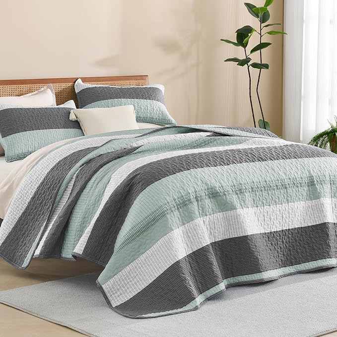 Litanika Quilt King Size Sage Green, Stripe Patchwork Summer Bedspread Coverlet by Litanika