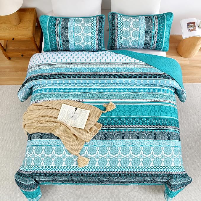 WONGS BEDDING Boho Quilt Set King Size, Teal 3 Pieces Bohemian Striped - Image 3
