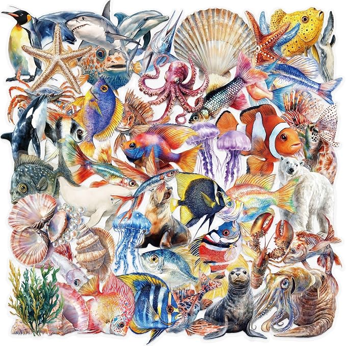 50Pcs Cartoon Marine Life Stickers Waterproof PET Water Bottle Decal Marine by Unknown