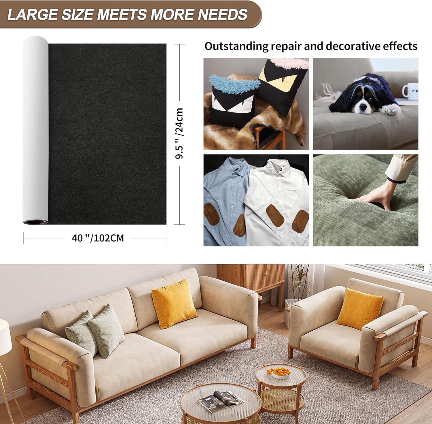 Velvet Repair Patch, Self-Adhesive Flannel Fabric Patch, Multi Colors, Microfiber Patch，Can be Used to Patch Sofas, Car Seats, Handbags, Jacket Holes and Tears (Black)