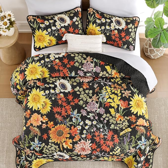 Yiran Black Yellow Full Size Quilt, Floral Bedspreads Bedding Set, 3 Pieces - Image 4