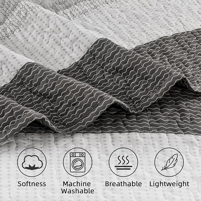 Andency Oversized King Quilt Bedding Set, 120x98Inch Dark Grey Stripe Super - Image 5