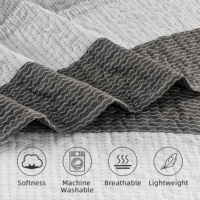 Andency Queen Quilt Bedding Set Dark Grey, 3 Pieces Patchwork Summer Striped - Image 5