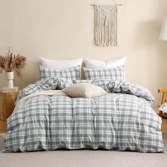 TOCOMOA Plaid Duvet Cover Set 100% Washed Cotton Like Linen Feel Super Soft - Image 3