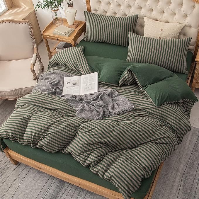 PURE ERA Forest Green Stripe Jersey Duvet Cover Set King Size 100% T-Shirt - Image 4