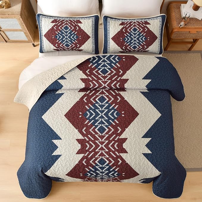 Dintszyayue Blue and Red Quilt Set King Size Boho, 3 Piece Aztec Texture - Image 3