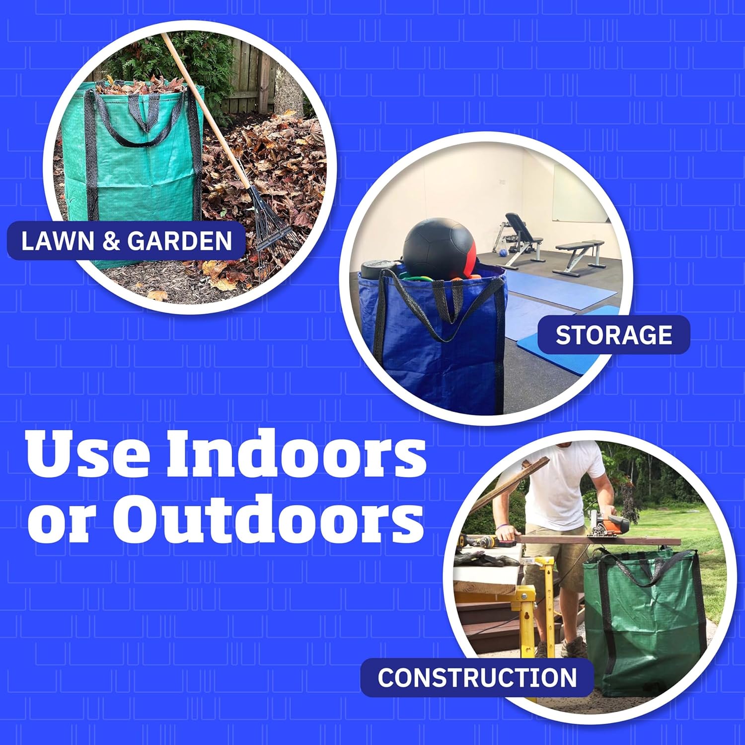 DURASACK Heavy Duty Home and Yard Bags 48-Gallon Reusable Self-Standing Lawn and Leaf Bags Garbage Can with Reinforced Handles, Blue, 3 Pack