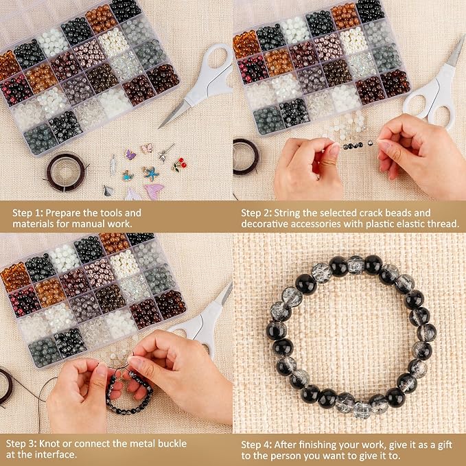 XSEINO About 1200PCS 6mm Glass Beads Bracelet Making Kit, 24 Assorted Black and - Image 4