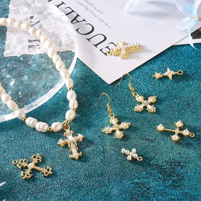 Cheriswelry 18Pcs Cross Metal Charms Light Gold Pearl Rhinestone Pendants Alloy - Image 5