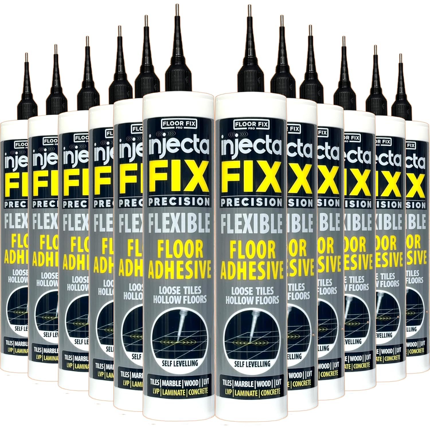 Precision 300ml from Floor-Fix Pro - Fix Loose Tiles - for Loose & Hollow Tiles, Wood, LVT & Laminate - Includes 1.9mm Syringe Tip - Adjustable to 6mm + Anti-Clog Performance (Pack of 12)