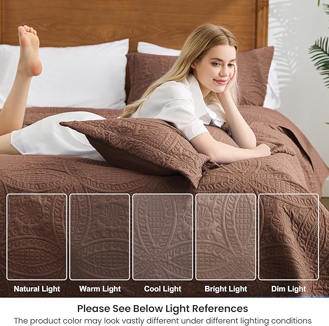 Love's cabin California King Size Quilt Bedding Set Brown Bedspreads - Image 5