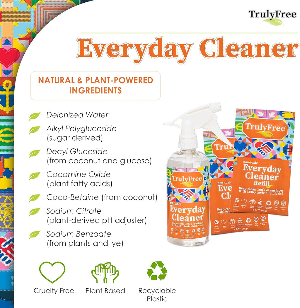 Truly Free Everyday Cleaner - Multipurpose Cleaner Spray, Kitchen Counter Cleaner, Natural Cleaning Products, Multi-Surface Household Solution, 1 Empty Bottle Spray (16oz) & 2 Refills (3oz each)