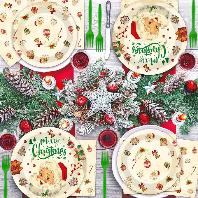 Qyeahkj 100 Pcs Christmas Xmas Party Paper Plates and Napkins, Vintage Holiday - Image 4