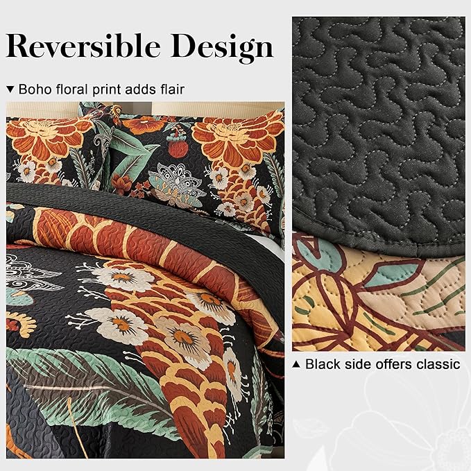 Tyrot 3 Piece Black Boho Floral Californial King Quilt Sets Reversible - Image 3
