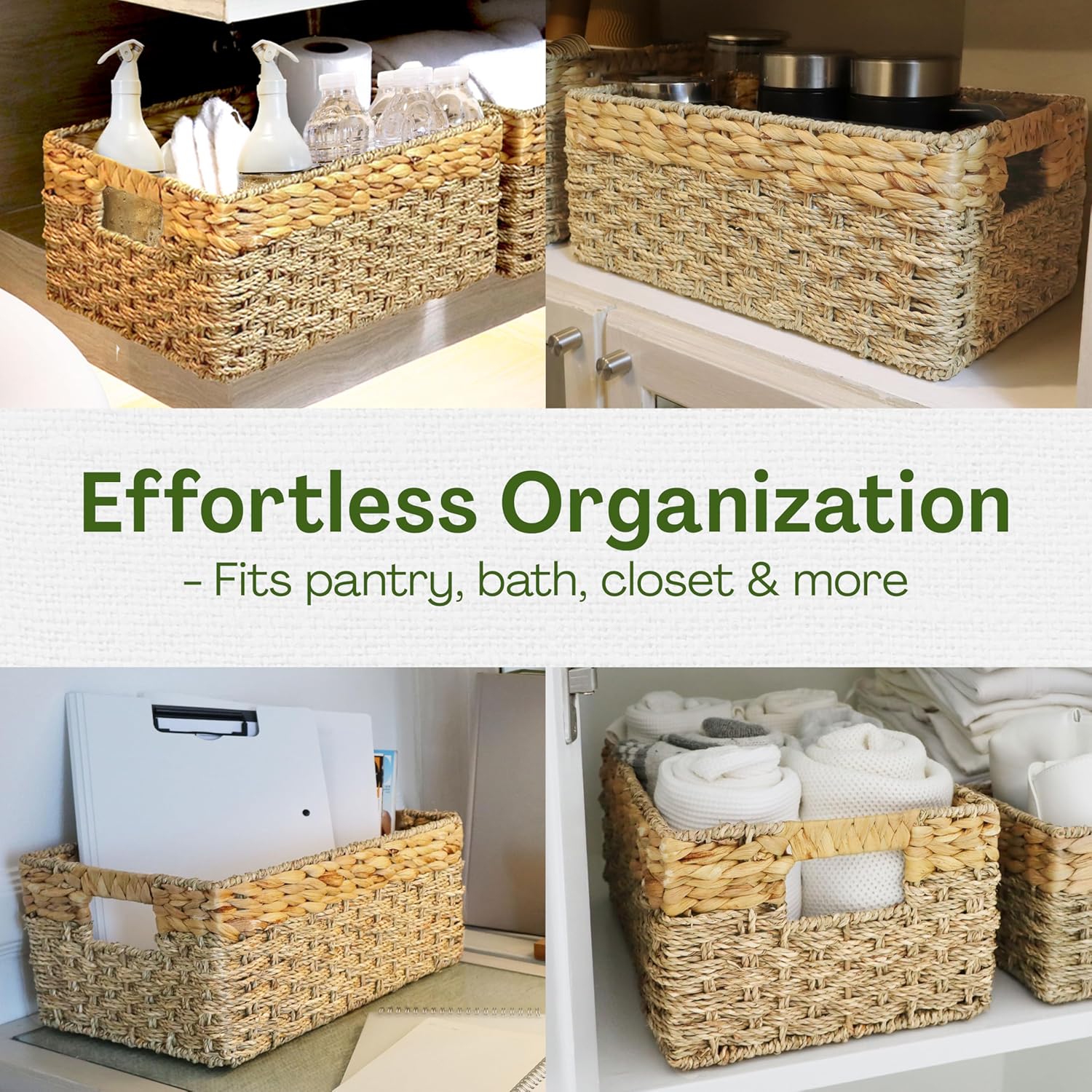 Large Wicker Storage Basket with handles, Natural, Woven, Seagrass and Hyacinth Organizing Baskets for Shelves, Pantry, Living Room - Large Size - 17x11x7.5 in