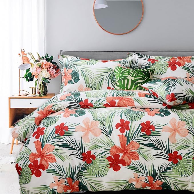 FADFAY Green Duvet Cover 100% Cotton Tropical Bedding Red Hibiscus Flower & by CottonWorldSweetDream