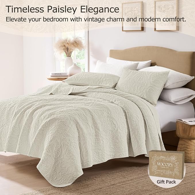 PALASSIO Beige Paisley 100% Cotton Quilt California Cal King Size Bedding Sets - Image 2