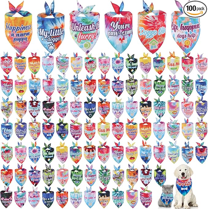 Sweetude 100 Pcs Tie Dye Dog Bandanas Bulk by Sweetude