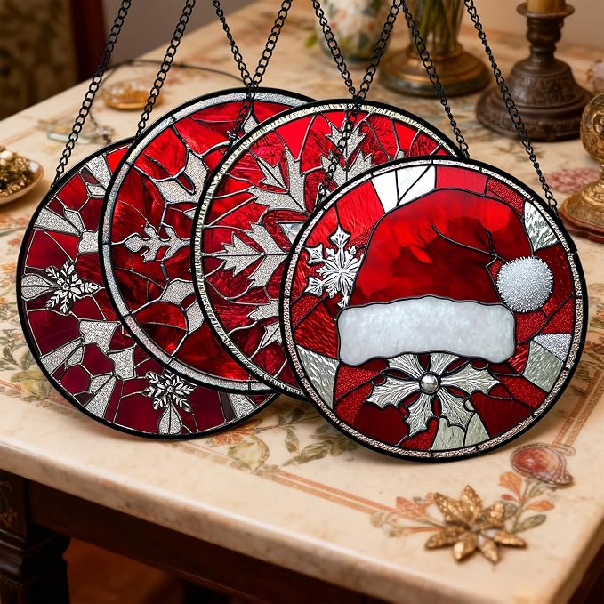 DASTOLL Stained Glass Window Hanging 4 Pcs Set Red Christmas Decorations Theme - Image 2