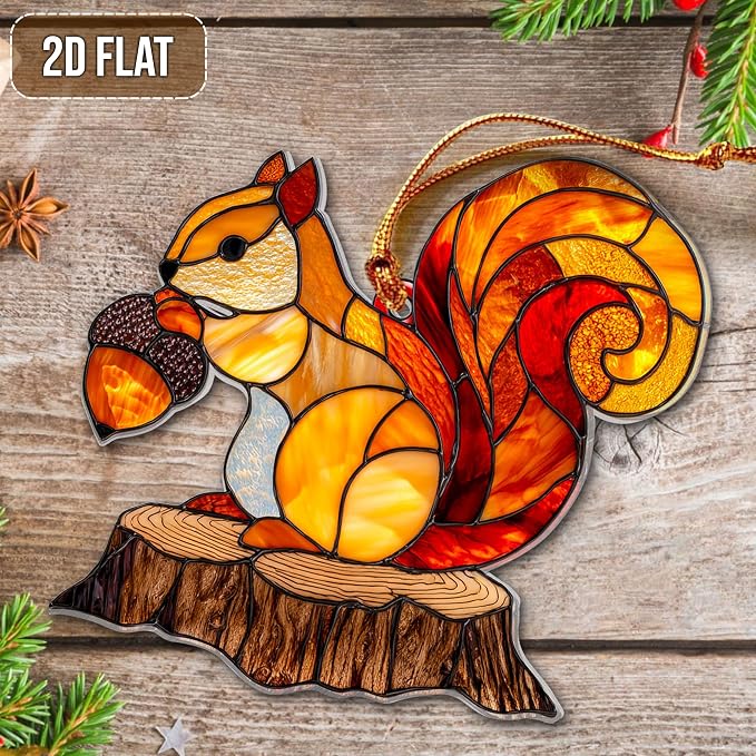 2D Flat Faux Stained Glass Squirrel Acrylic Ornament - Image 3