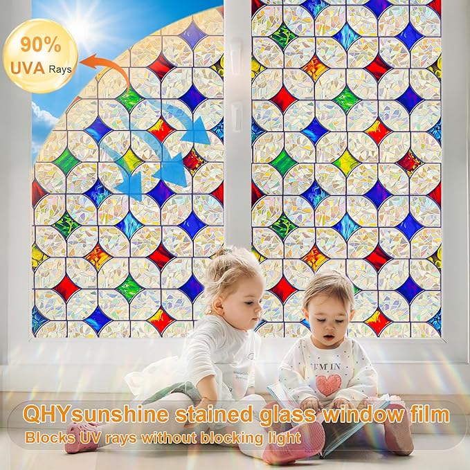 QHY Sunshine Colorful Rainbow Stained Glass Window Film Non-Adhesive Window - Image 3