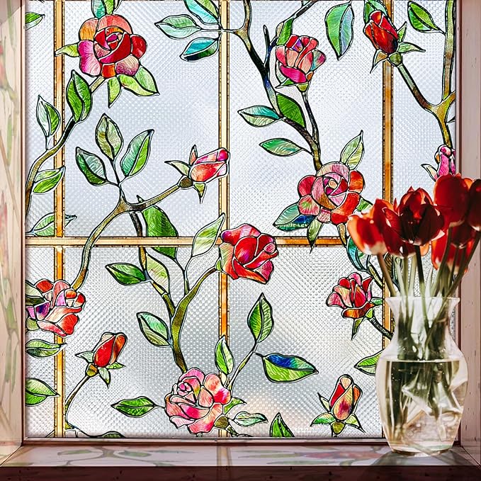 Coavas Window Privacy Film Stained Glass Window Clings 3D Red Rose Decorative by Coavas