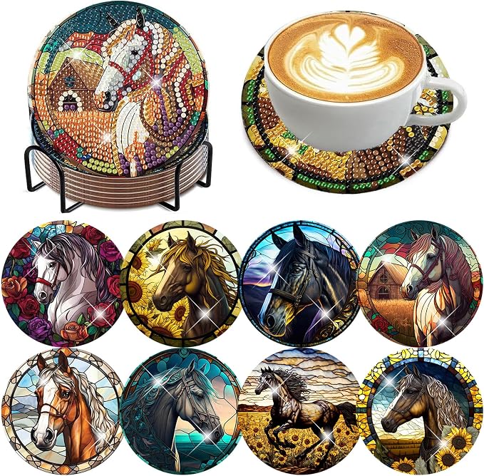 Zythron 8 Pack Diamond Art Coasters, Horse Diamond Painting Coasters Kits | by Zythron
