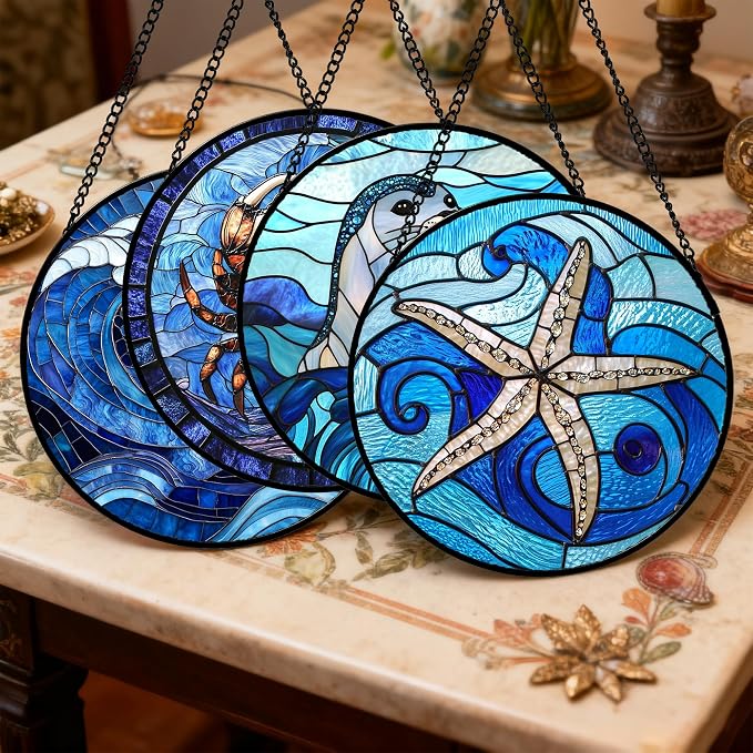 DASTOLL Stained Glass Window Hanging 4 Pcs Set Blue Ocean Waves 6.3" - Image 2