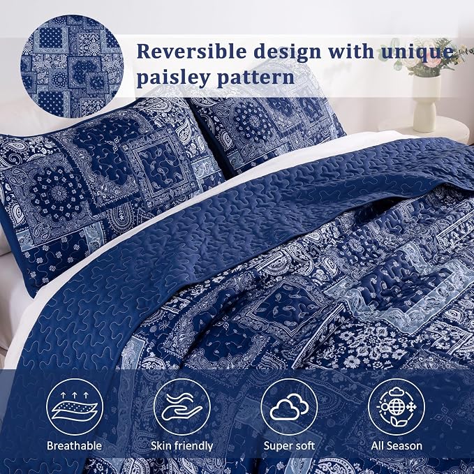Cottolester King Quilt Set 3 Pieces, Boho Farmhouse Bedspread Soft Microfiber - Image 3