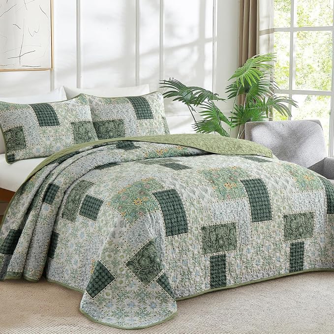 Xruibed Patchwork Quilt Set King Size 3 Pieces Plaid Floral Bedspread Coverlet - Image 2