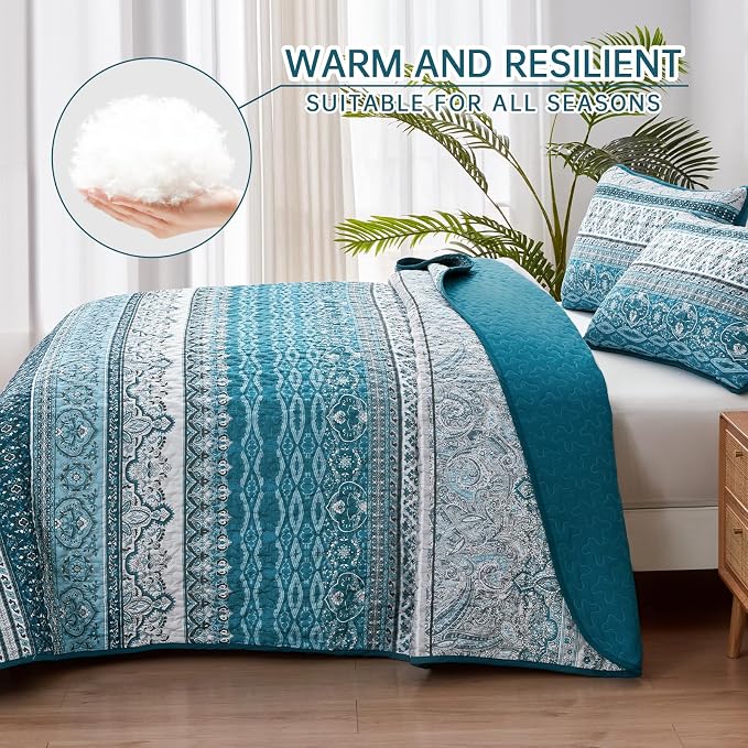 WONGS BEDDING Boho King Quilt Set, Teal and Blue Bohemian Quilt Bedding Set - Image 3