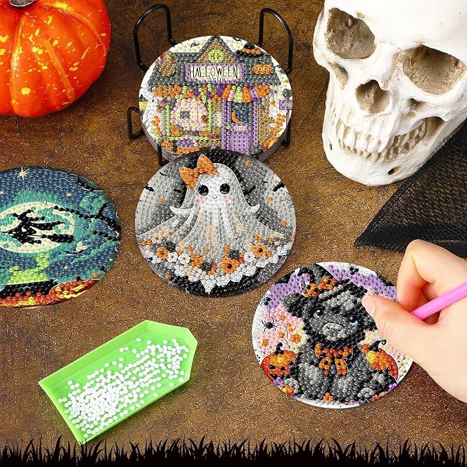 Axquilon 8 Pcs Halloween Diamond Art Coasters Kit - Image 5