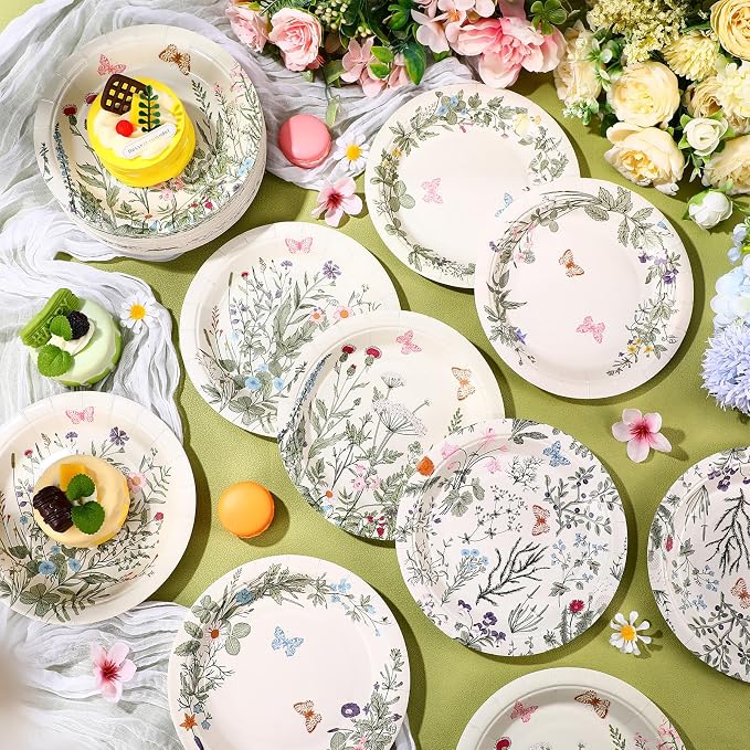 Funnymoom 60 Pcs 7 Inch Vintage Wildflower Paper Plates Retro Flower Plant Herb - Image 6
