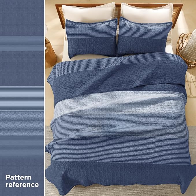 Litanika Quilt King Size Sapphire Blue, Stripe Patchwork Summer Bedspread - Image 3