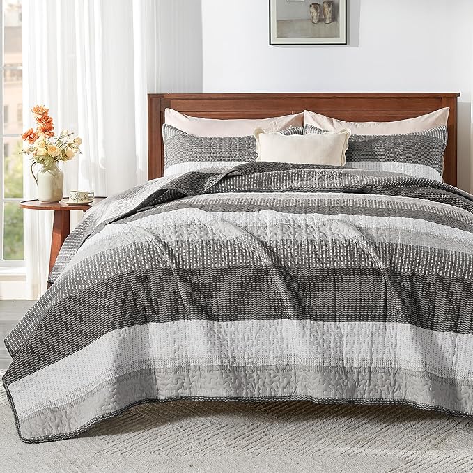 Andency Queen Quilt Bedding Set Dark Grey, 3 Pieces Patchwork Summer Striped by Andency