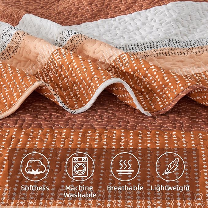 Andency Orange Quilt Queen, 3 Pieces Patchwork Striped Bedspread Coverlet Set - Image 5