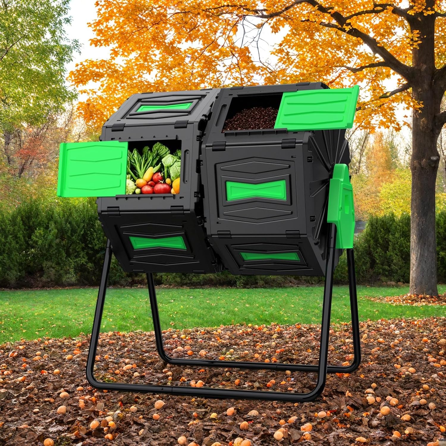 Compost Tumbler, 45 Gallon / 170L Dual Chamber Compost Bin Outdoor, 360° Rotating Composter Tumbler, BPA-Free Fast-Working All-Season Heavy-Duty Large Capacity Compost Bin Kitchen Garden Yard Waste
