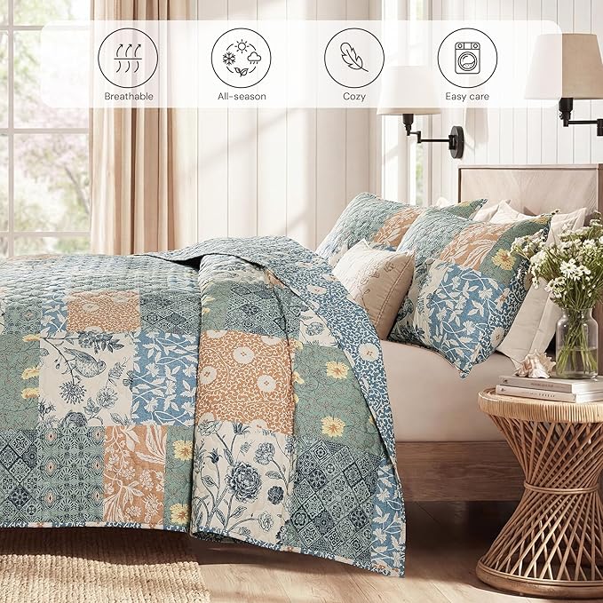 BLOOMHAVEN Quilt Set King Size, Patchwork Green Floral Quilt Sets, Reversible - Image 4