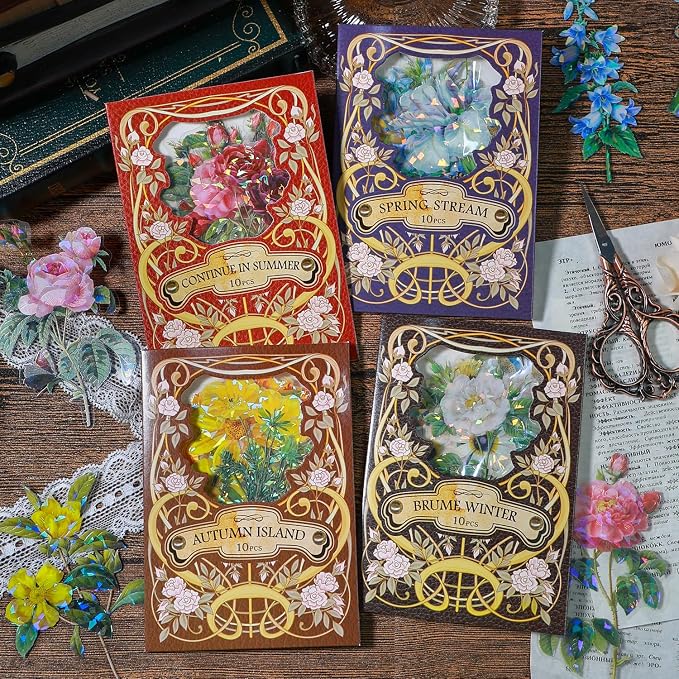 Yoksas 40 Pcs Large Vintage Shiny Flowers Stickers - Image 2
