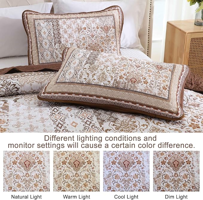 WONGS BEDDING Brown Quilt Set King Size, Boho Floral Pattern Bedspread Coverlet - Image 5