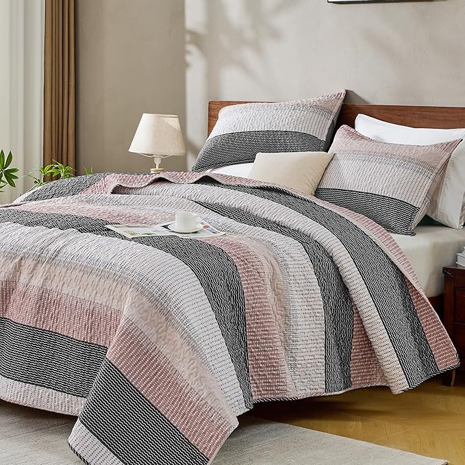 Andency Queen Quilt Bedding Set Grey Pink, 3 Pieces Patchwork Summer Striped by Andency
